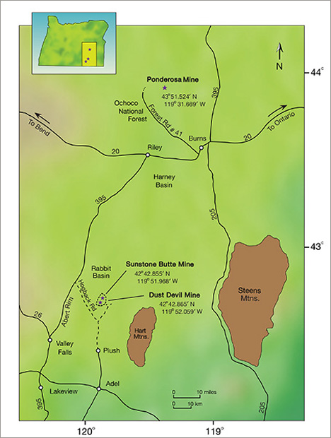 這張地圖顯示了俄勒岡州東部三個礦井的位置