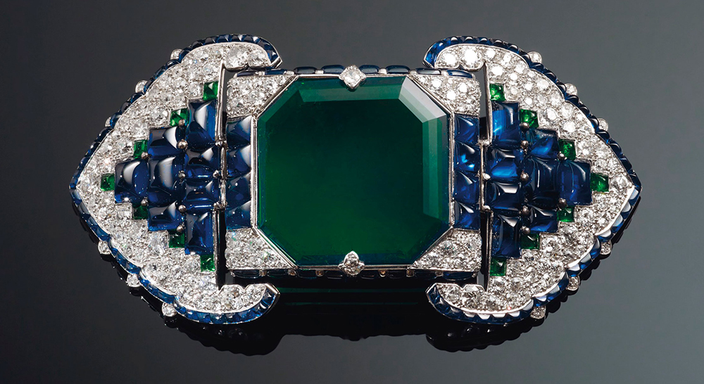 鑲嵌裝飾藝術風格祖母綠、藍寶石和鑽石的腰帶扣胸針
