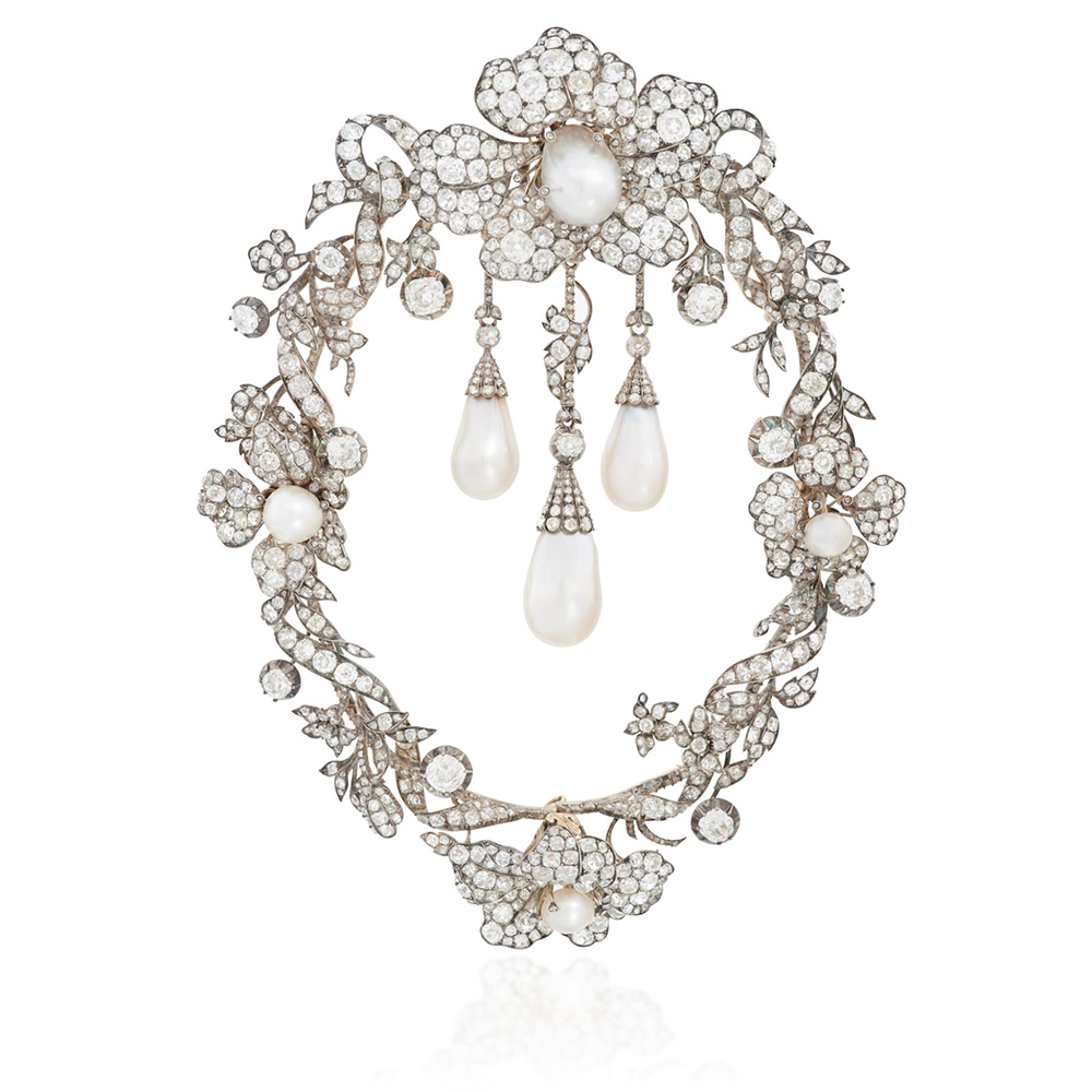 Exceptional and highly important natural pearl and diamond devant-de-corsage